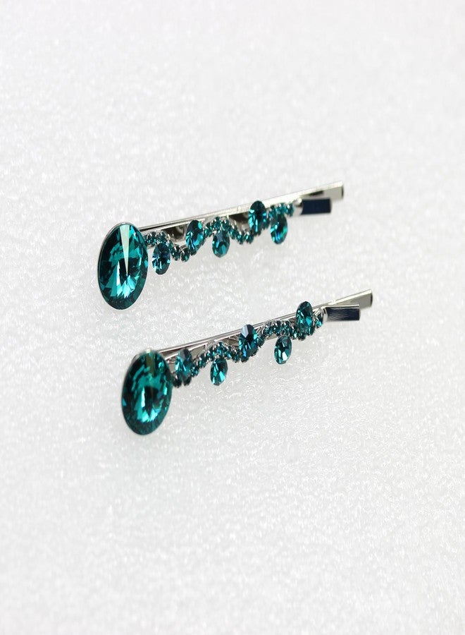 Faship A Pair Of Teal Premium Rhinestone Crystal Rhinestone Floral Hair Clips 2 Pcs Pins - Image 4